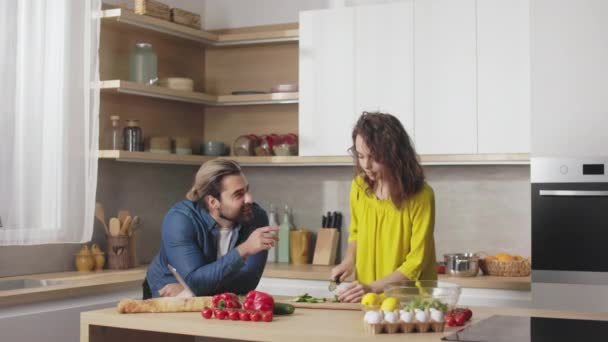 Happy Young Couple Casual Wear Chatting Smiling While Cooking Together — Stock Video