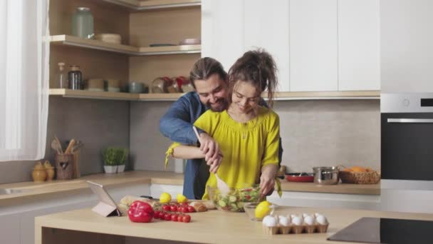 Happy Loving Couple Casual Wear Standing Together Kitchen Cooking Healthy — Stock Video