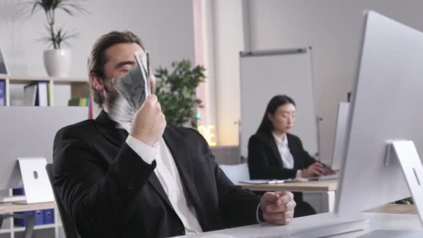 Successful Bearded Man Black Formal Suit Holding Fan Dollars While — Stok video