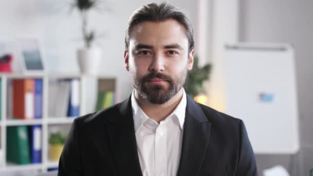 Portrait Caucasian Male Employee Wearing Black Formal Suit Neutral Facial — 비디오