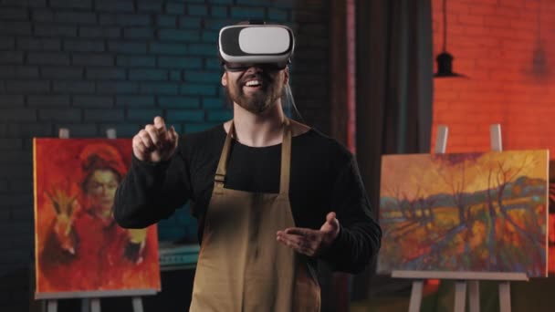 Happy Bearded Man Standing Art Studio Searching Creative Ideas Virtual — Stock Video