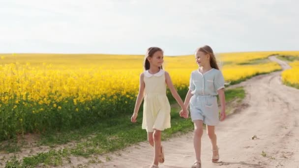 Dwie Bardzo Kaukaskie Dziewczyny Stylowym Lecie Ubrane Chodzenie Przez Ręce — Wideo stockowe