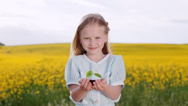 Retrato Menina Caucasiana Adorável Entre Campo Selvagem Amarelo Segurando Planta — Vídeo de Stock