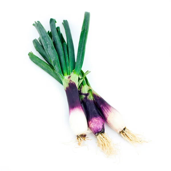 Beyaz arkaplanda taze soğan.