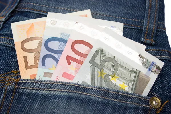 Billetes en euros en bolsillo vaquero — Foto de Stock