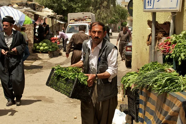 Бакалейщик, везущий овощи на свой стенд на базаре в Ираке Стоковое Изображение