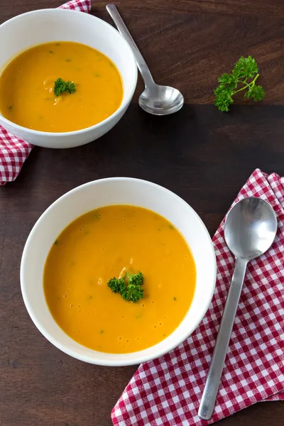 Pumpkin cream soup for two — Stock Image Pumpkin cream soup for two Stock Photo
