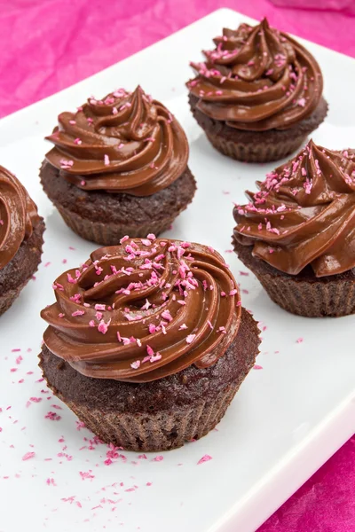 Cupcakes au chocolat avec des saupoudres de noix de coco rose — Photo