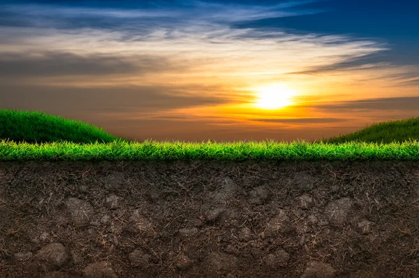 Boden und Gras im Hintergrund des Sonnenuntergangs — Stockfoto