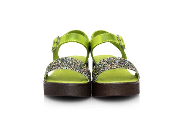 Female Green Leather Sandals White Background Isolated Product — 스톡 사진