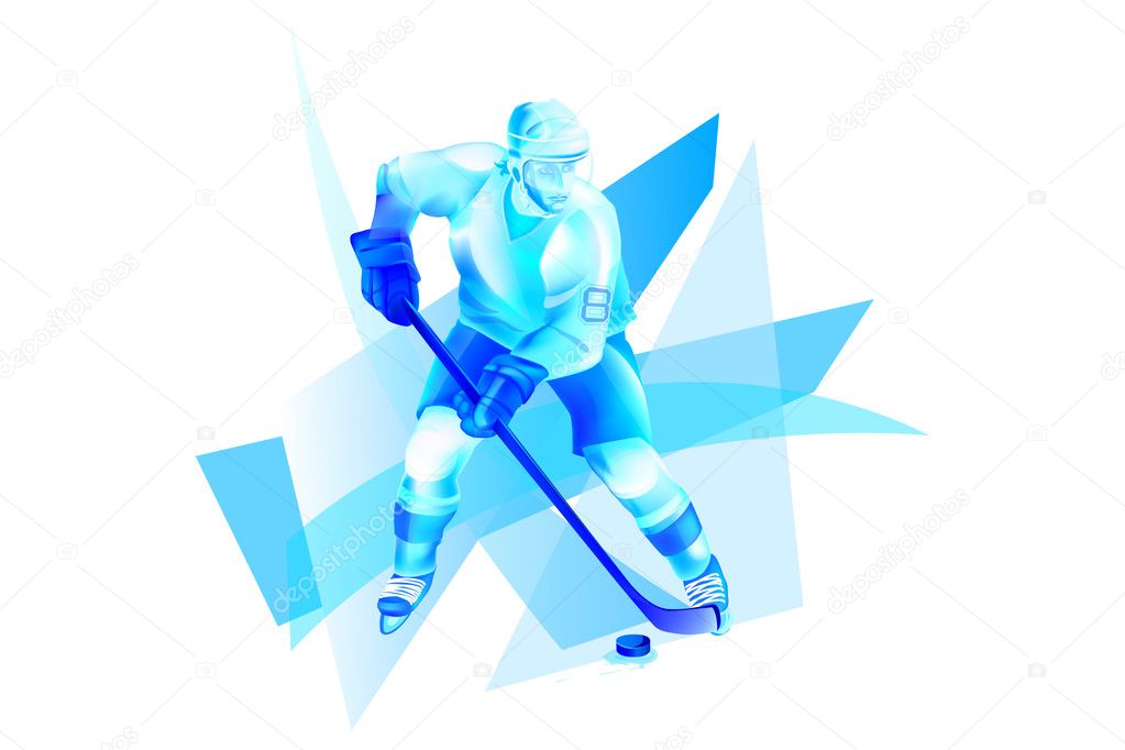 Hockey player attack on blue ice
