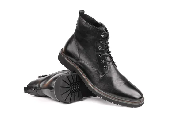 Zwarte Laarzen Leer Voor Mannen Geïsoleerd Witte Achtergrond — Stockfoto