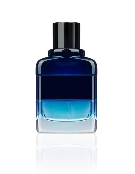 Bouteille Couleur Bleue Parfum Isolé Fond Blanc — Photo