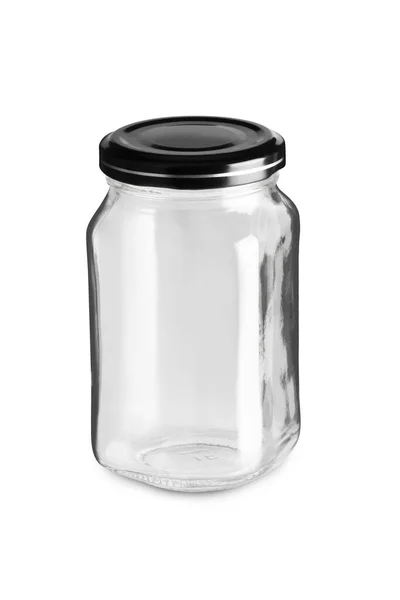 空的正方形罐子 黑色的瓶盖与白色背景隔离 有快捷方式 — 图库照片
