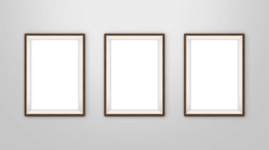Duvarda üç tane boş poster var. Galeri, sanat, sergi ve müze konsepti. Model yap, 3 boyutlu canlandırma. kırpma yolu ile