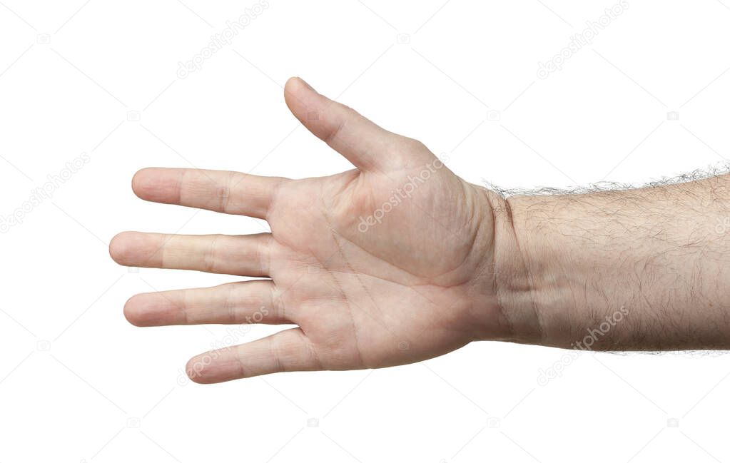 Hand before handshake isolated on white background with clipping path. Empty man hand offering a handshake, made hand and arm reaching for something