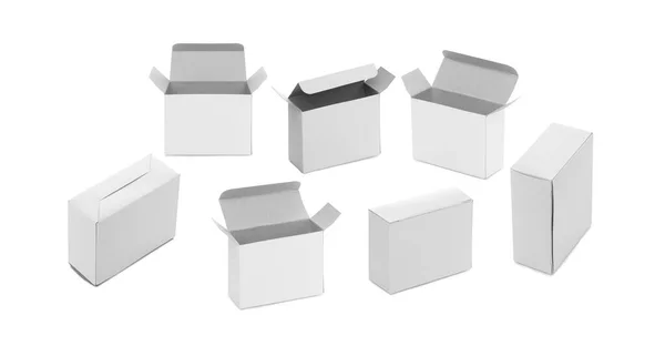 Set White Carton Boxes Opened Closed Isolated White Background — Stock Photo, Image