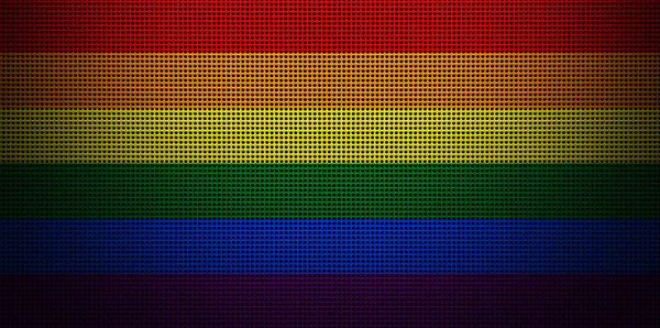 Rainbow flag, LGBT flag painted colors on a brushed metal plate close up. Textured banner on a perforated background. Metal background close-up