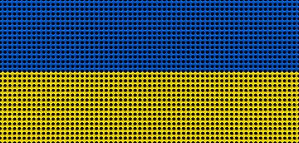 ウクライナの旗は ブラッシュドメタルプレートの近くに色を描いた 背景には文字が書かれたバナー 金属の背景クローズアップ — ストック写真