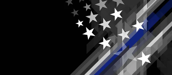 İnce mavi çizgili Amerikan bayrağı. Amerikan polisini, ordusunu ve subaylarını onurlandırmak ve saymak için bir işaret. ABD ulusal bayrağı üçgen desenli soyut geometrik vektör pankartı