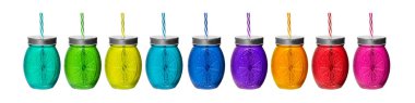 Set of glasses Mason jar tumblers on a white surface. Tumblers isolated on white background.