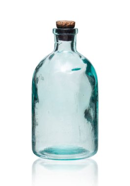 Vintage small glass bottle with paper cork isolated on white. With clippng path