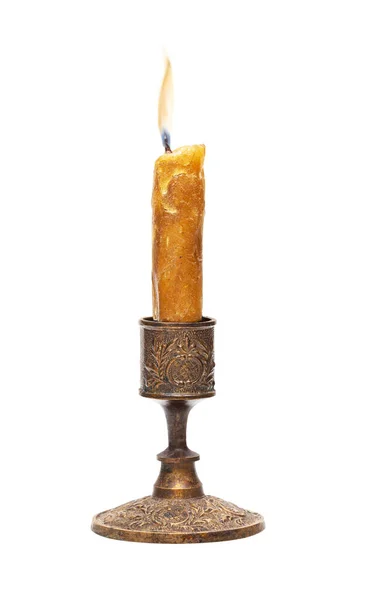 Burning Old Candle Vintage Bronze Candlestick Isolated White Background Clipping — Stock Photo, Image