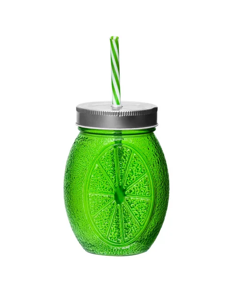 Groen Glas Mason Pot Tuimelaar Een Wit Oppervlak Tumbler Geïsoleerd — Stockfoto