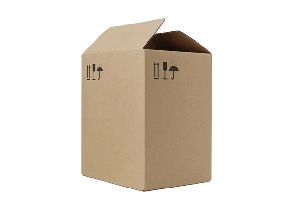 Closeup Box Made Recycled Materials Recycling Symbols Isolated White Background — Photo