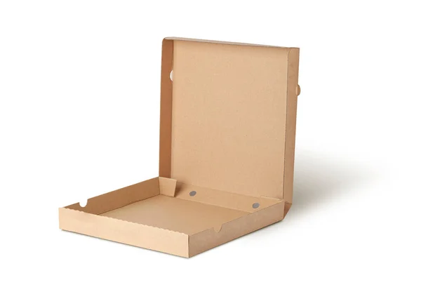 Blank Brown Open Cardboard Pizza Paper Box Isolated White Background — 스톡 사진