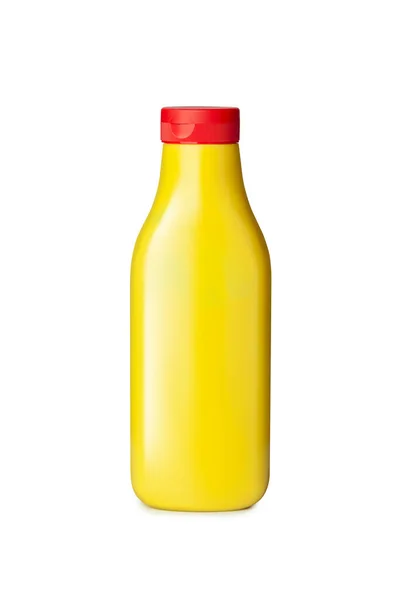 Yellow Plastic Mustard Bottle Copy Space Isolated White Background Clipping — Stock Photo, Image