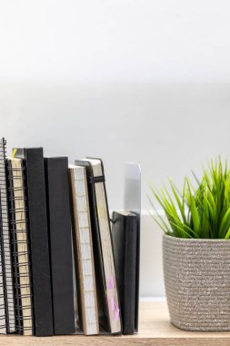 Ahşap rafta, beyaz arka planda ev bitkisi olan çizim defterleri.