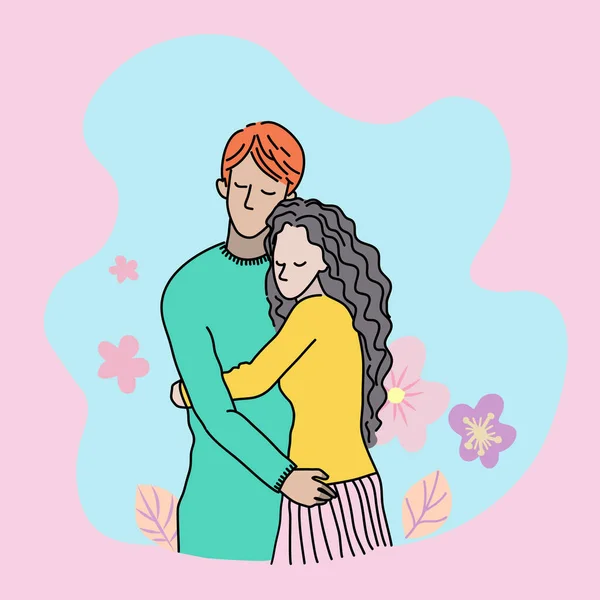 Ζευγάρι Άντρας Και Γυναίκα Αγκαλιάζονται Ροζ Λουλούδια Και Φύλλα Φόντο — Διανυσματικό Αρχείο