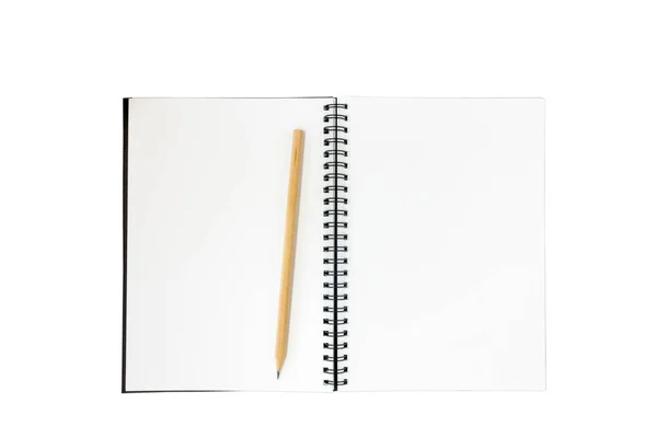 Caderno Anel Capa Preta Aberta Com Lápis Isolado Fundo Branco — Fotografia de Stock