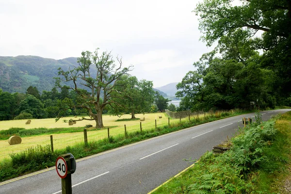 位于湖区Ullswater的Aira Falls夺取了道路 — 图库照片