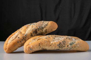 Moldy bread on blurry background. food fungus. Dirty food that is unappetizing.