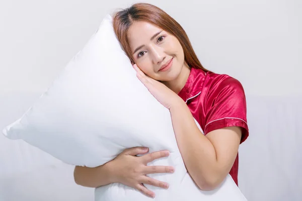 Happy Woman Enjoy Fresh Soft Bedding Linen Mattress Bed Room — Stock Photo, Image