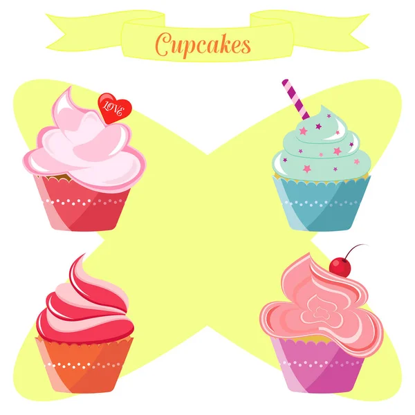 Cupcakes Für Feinschmecker Süßes Essen Cupcakes Set — Stockvektor