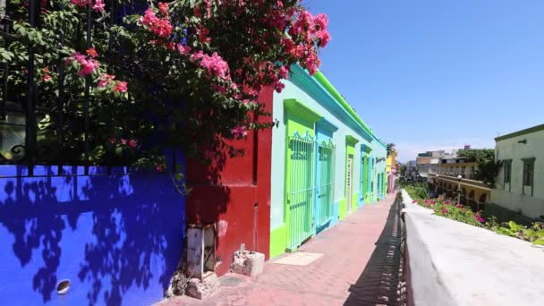 Mexiko, Mazatlan, Barevné staré ulice v historickém centru města v blízkosti El Malecon promenády, pobřeží oceánu Zona Hotelera Hotel Zone a centrální Mazatlan bazilika katedrála — Stock video