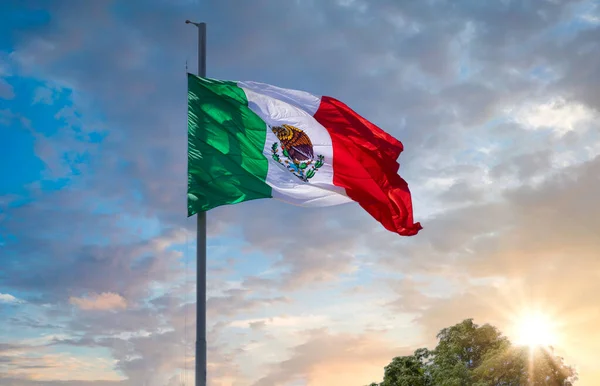 メキシコのロス・カボス、メキシコの三色の国旗が誇らしげに空中にマストを振っており、テノチティトランのシンボルとなっています。 — ストック写真
