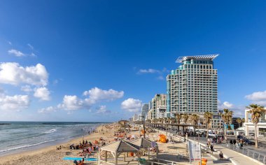 Tel Aviv, Israel, 15 April, 2022: Scenic Tel Aviv coastline seashore promenade with hotels and beaches near Old Jaffa port