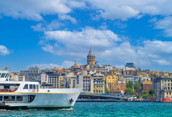 Bosphorus strait in Istanbul, Bosporus tour boats and views of Istanbul mosques and historic center.