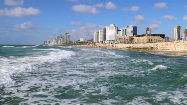 Scenic Tel Aviv Tengerparti Sétány Szállodák Strandok Közelében Old Jaffa — Stock videók
