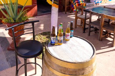 San Miguel de Cozumel, 10 October, 2021: Cozumel tourist ocean promenade cafes and restaurants offering scenic landscape views of Cozumel and national Mexican food and alcohol drinks