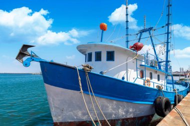 Mexico, Panoramic view of Veracruz city port withold fishermen ships.