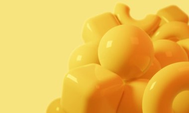 3D pankart şablonu. Sarı 3B şekil oluşturma arkaplanı boş alan, cilalanmış 3d küp, cilalanmış 3d küre, alan derinliği ve yansıması ile.