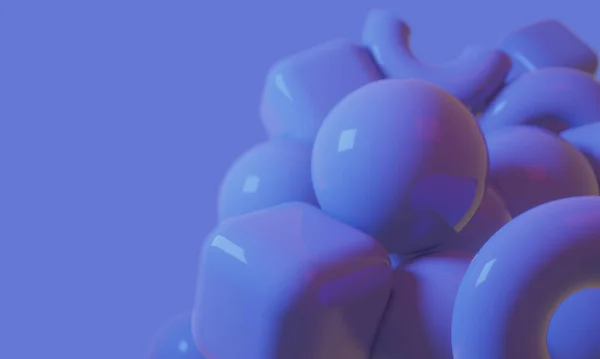 3D pankart şablonu. Retro mavi 3B şekil oluşturma arkaplanı boş boşluk, cilalanmış 3d küp, cilalanmış 3d küre, alan derinliği ve yansıması ile.