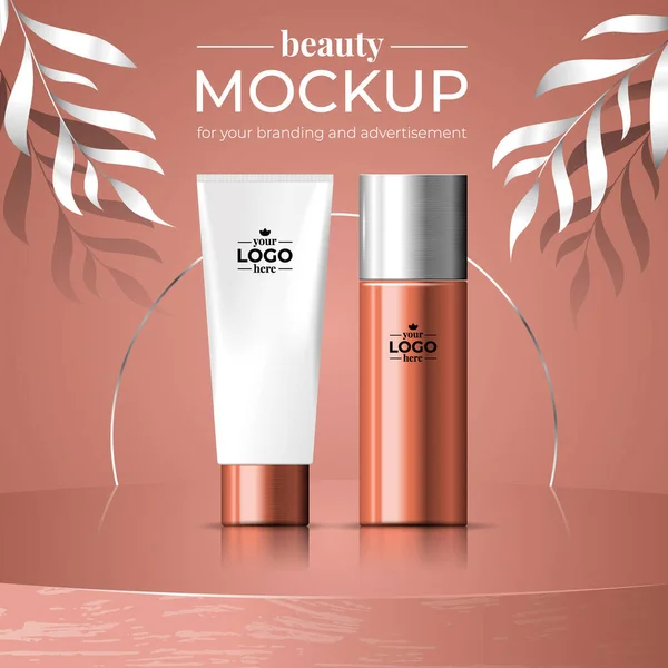 mockup banner for logo and branding, copper bottle and tube with silver herbs