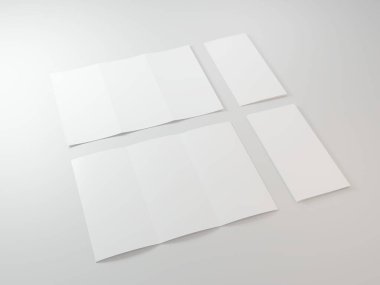 Sunum, marka ve portföy için basit gri arkaplan ve boş sayfalarla 3B model görüntüleme broşürü