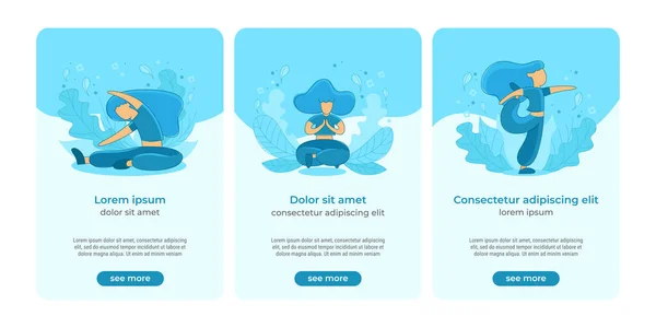 UI design of web site or application with yoga flat outline illustration blue colored, rouded shapes, set of three poses, with titles, descriptions and buttons.